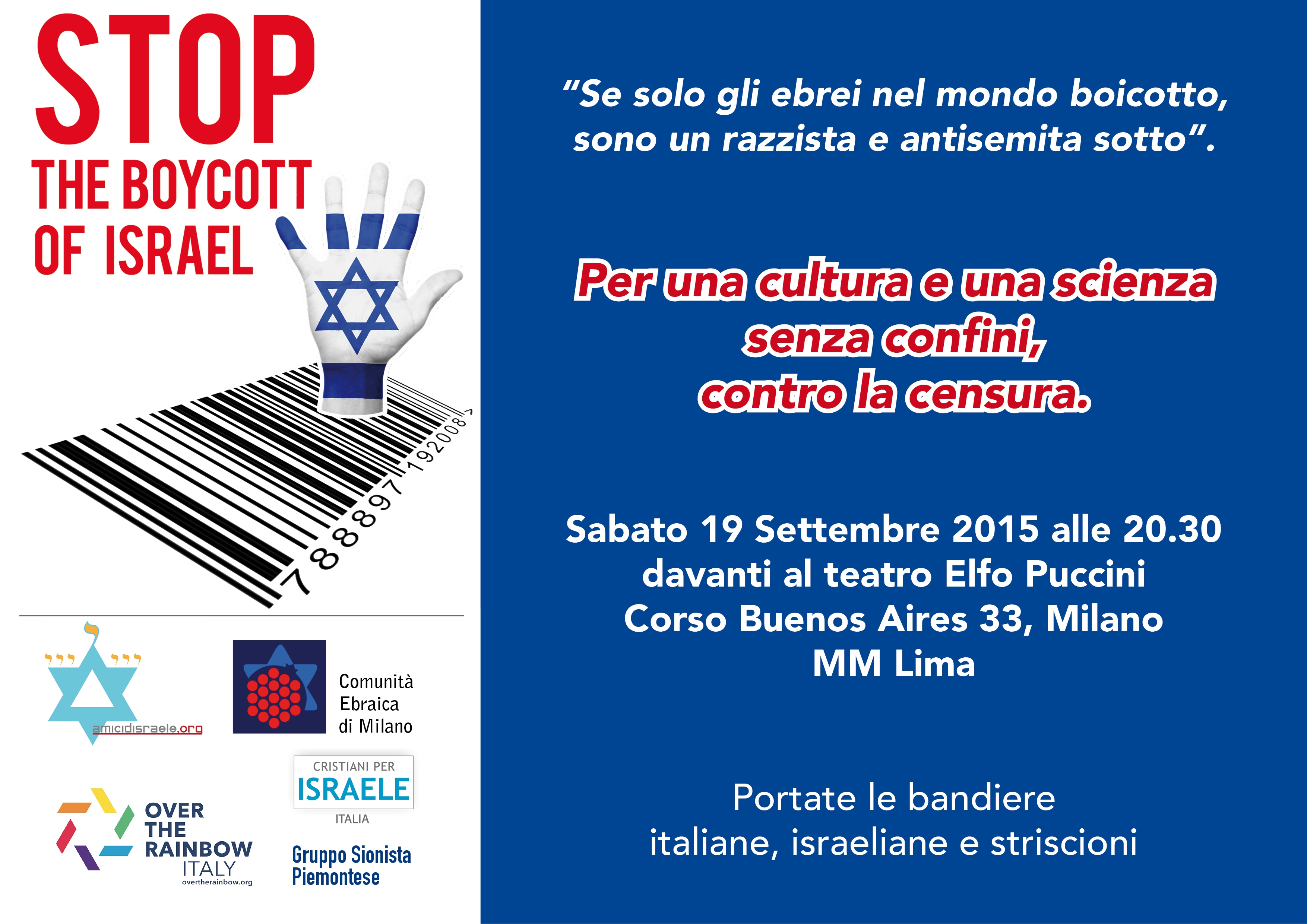 Manifestazione 19 Settembre a Milano a favore di Israele e contro il boicottaggio