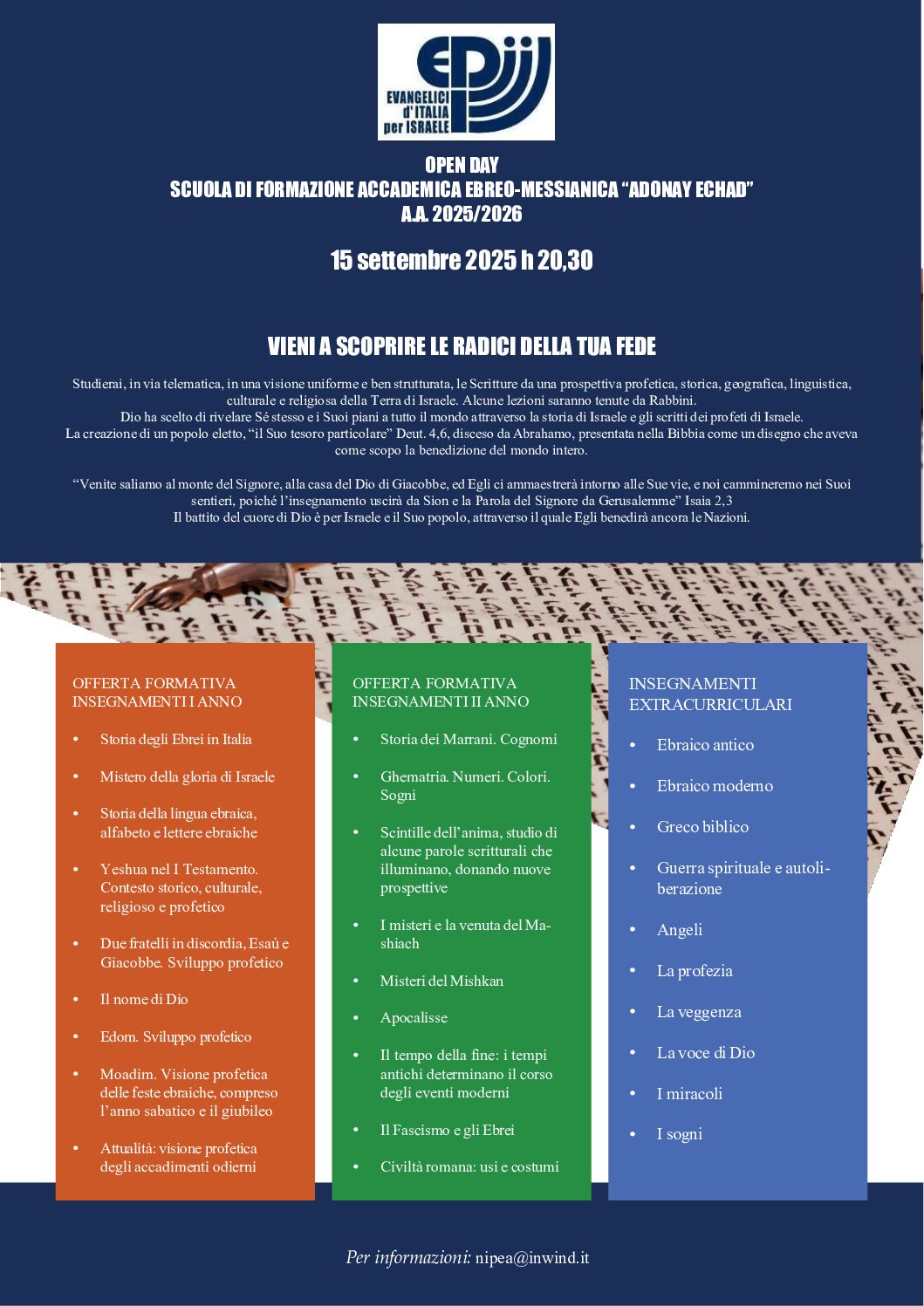 OPEN DAY  SCUOLA DI FORMAZIONE ACCADEMICA EBREO-MESSIANICA “ADONAY ECHAD”  A.A. 2025/2026